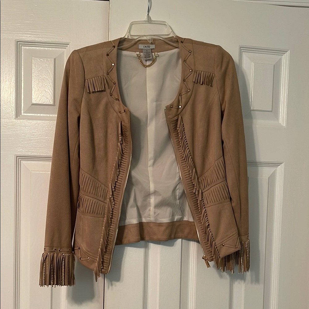 Cache Tan Blazer with Fringe Details